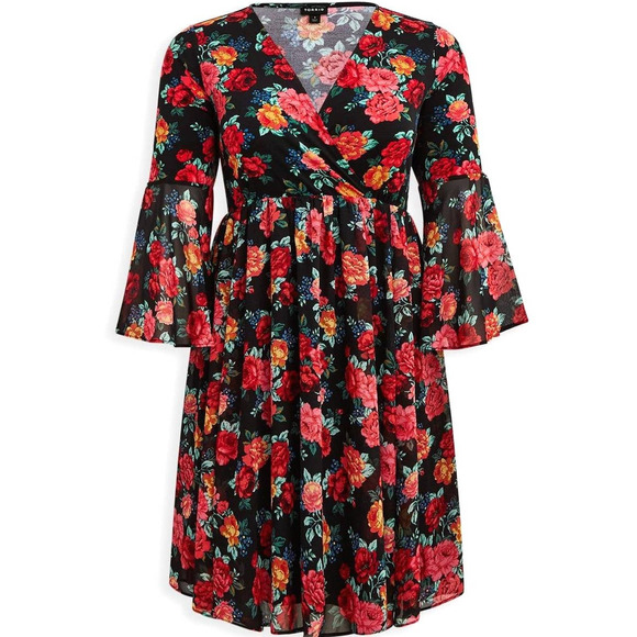 Torrid 2 (2X) Chiffon & Studio Knit Mixed Media Rose Garden Bell Sleeve Dress - Picture 1 of 4